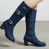 Sexy Jean Boots Women's Long Tube Short Boot Winter High Heel Denim Boot 2019 Lady Stylish Jeans Boots Buckle Strap Shoes Cowboy
