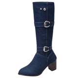 Sexy Jean Boots Women's Long Tube Short Boot Winter High Heel Denim Boot 2019 Lady Stylish Jeans Boots Buckle Strap Shoes Cowboy