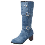 Sexy Jean Boots Women's Long Tube Short Boot Winter High Heel Denim Boot 2019 Lady Stylish Jeans Boots Buckle Strap Shoes Cowboy